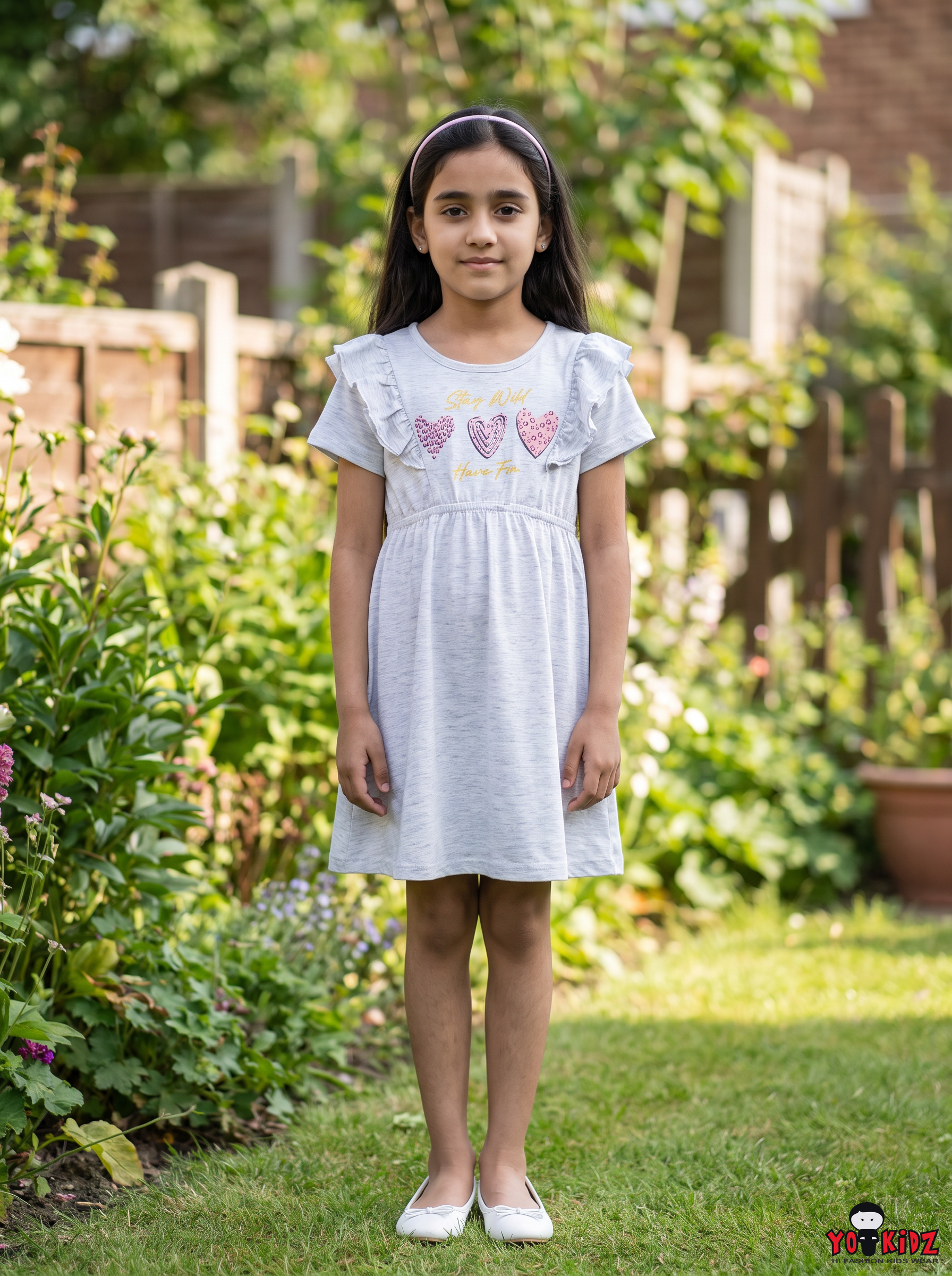 Girls Ruffle Sleeve Hearts Chest Graphic Print Cotton Frock Dress — Melange Grey | Yokidz