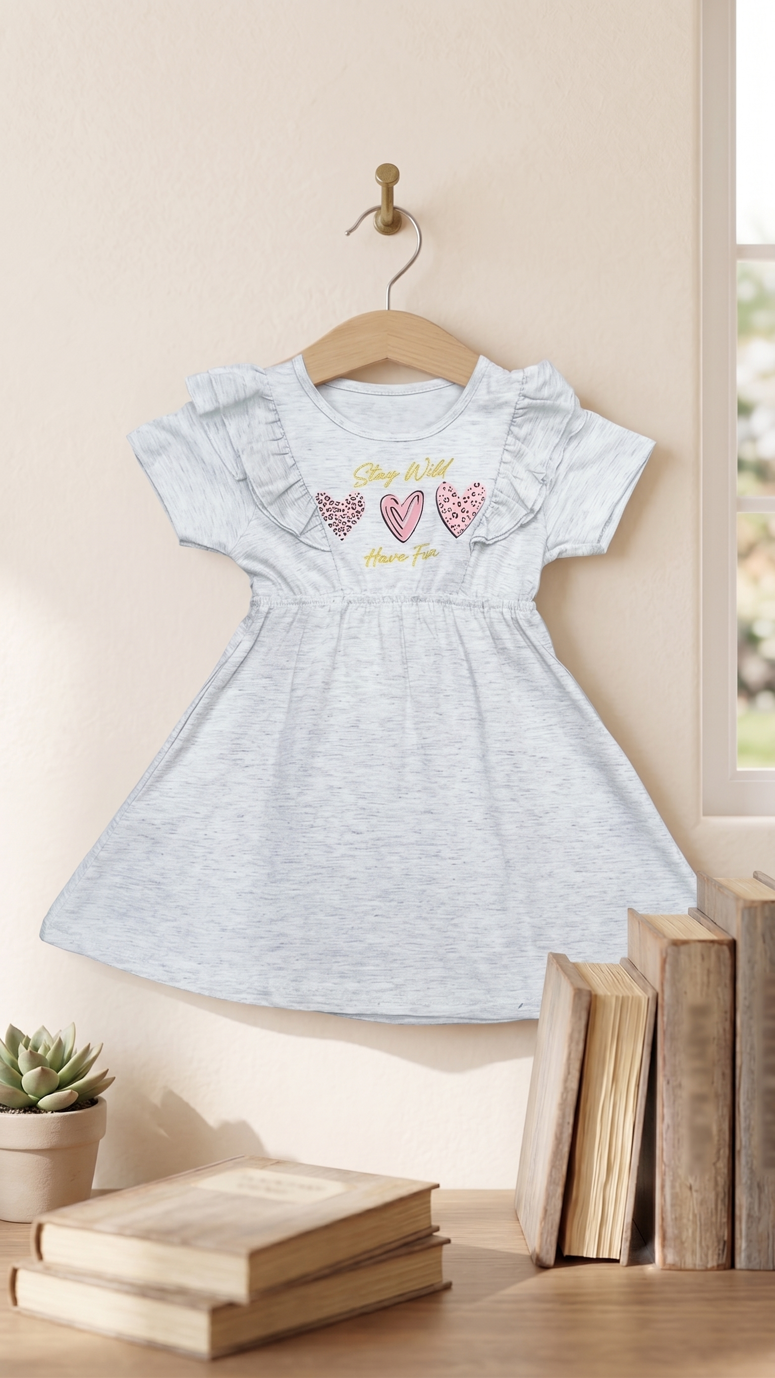 Girls Ruffle Sleeve Hearts Chest Graphic Print Cotton Frock Dress — Melange Grey | Yokidz
