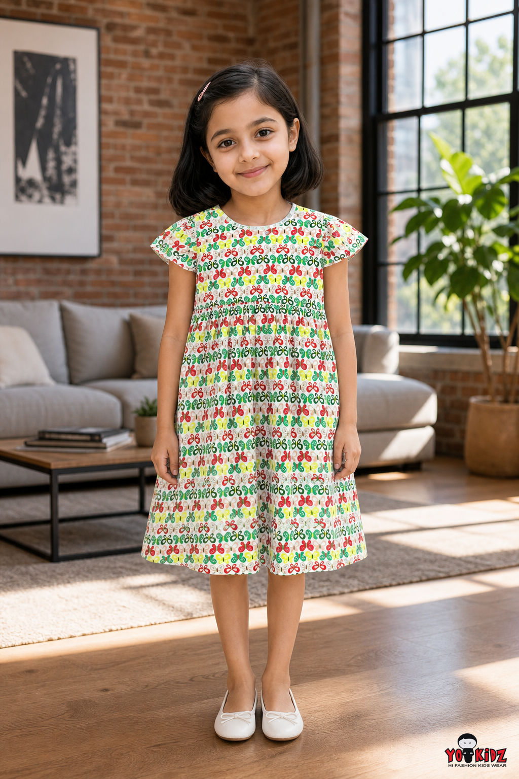 Girls Butterfly All Over Print Flutter Sleeve A-Line Cotton Frock Dress — Multicolor | Yokidz