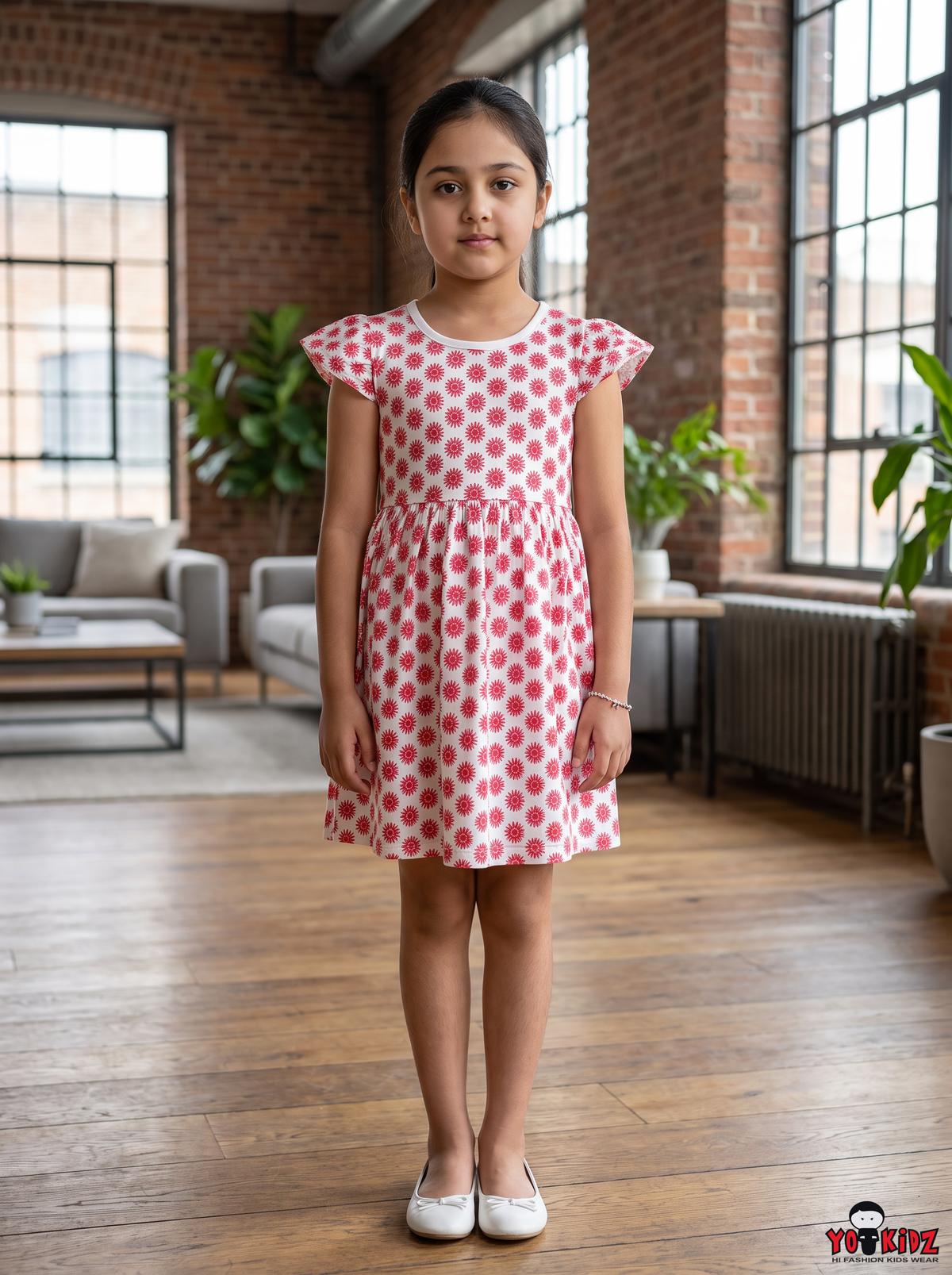 Girls Geometric Floral All Over Print Flutter Sleeve A-Line Cotton Frock Dress — Red / White | Yokidz