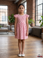Girls Geometric Floral All Over Print Flutter Sleeve A-Line Cotton Frock Dress — Red / White | Yokidz