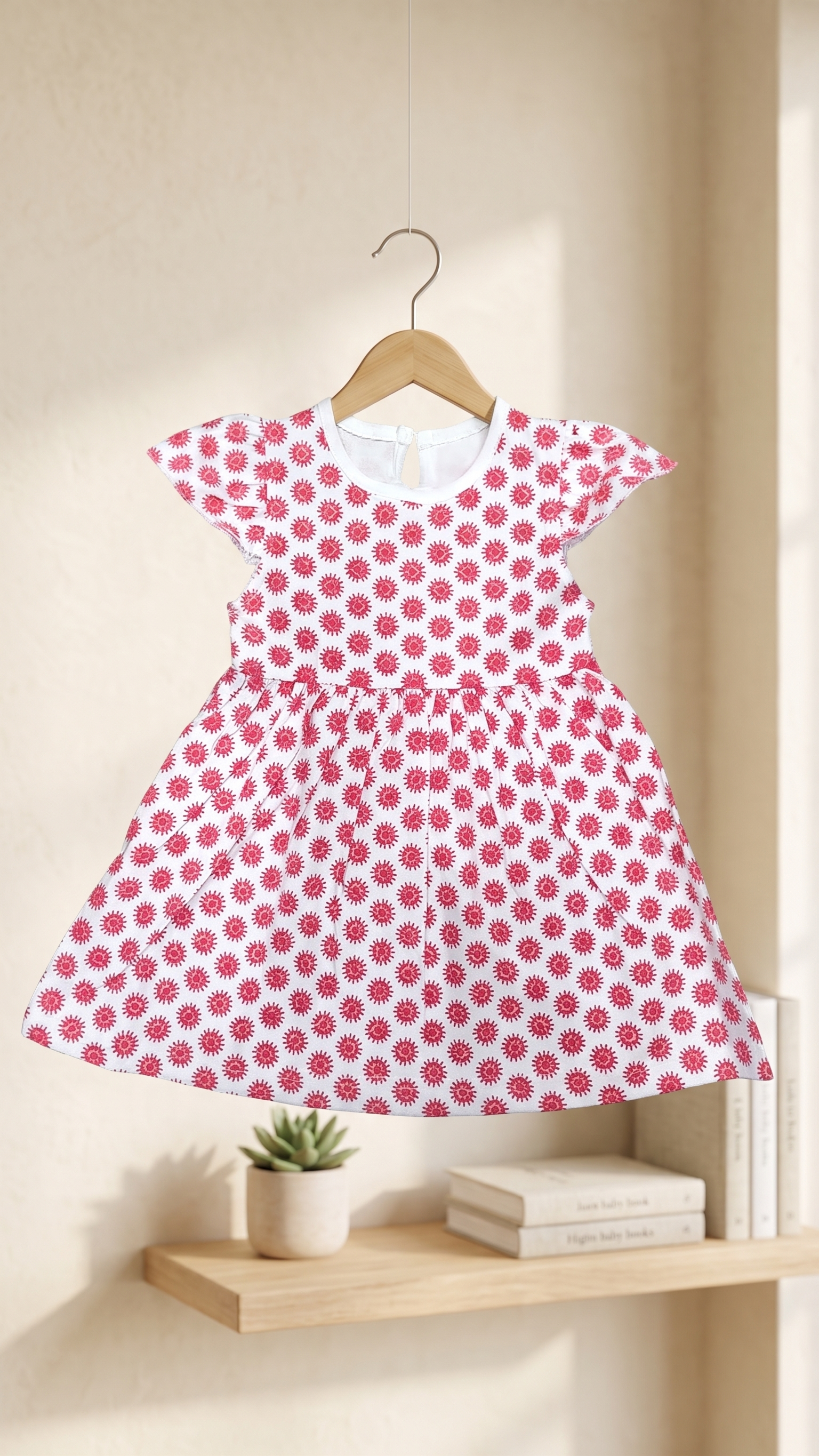 Girls Geometric Floral All Over Print Flutter Sleeve A-Line Cotton Frock Dress — Red / White | Yokidz