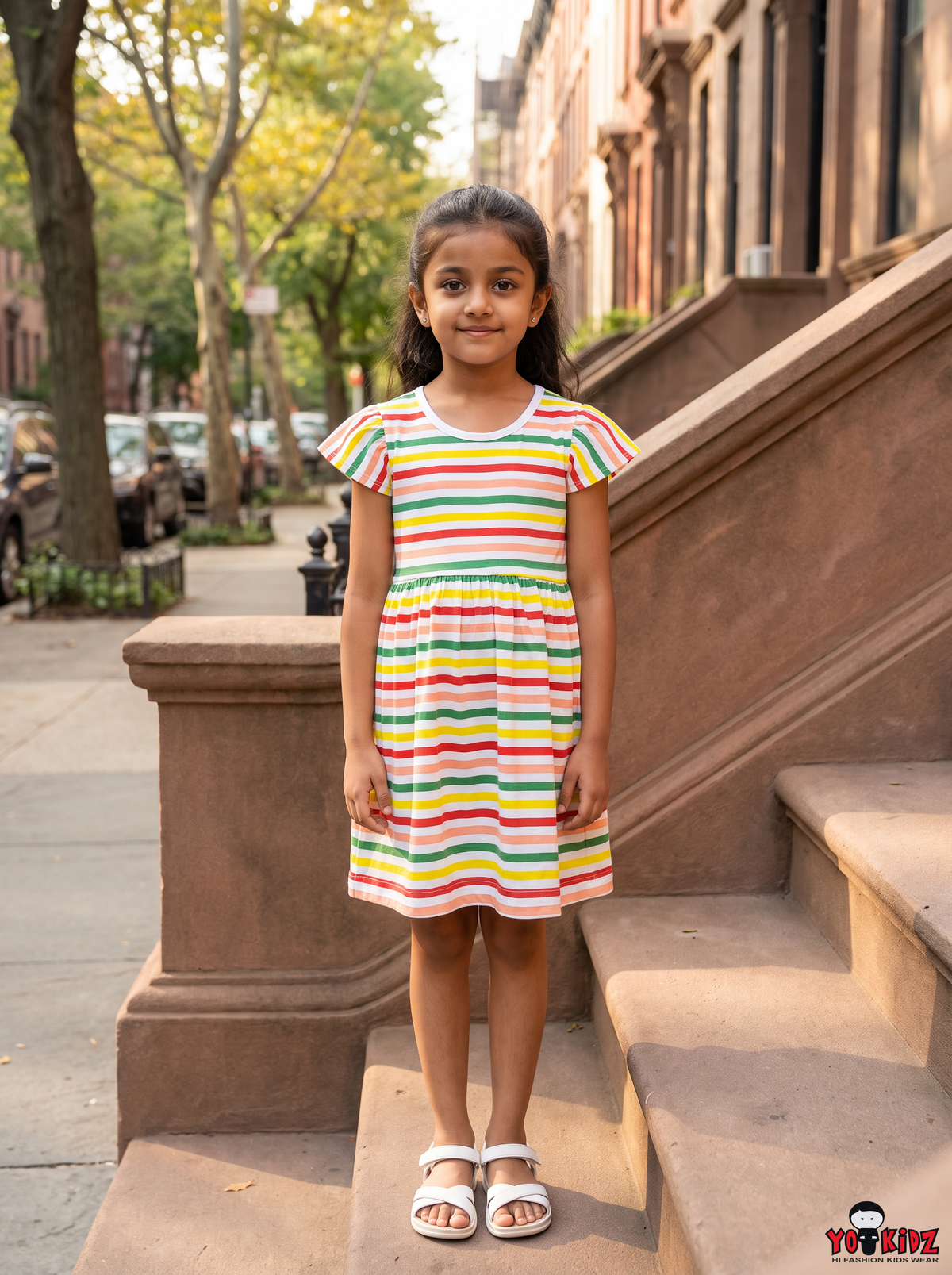 Girls Multicolor Striped Flutter Sleeve A-Line Cotton Frock Dress — White / Multicolor | Yokidz