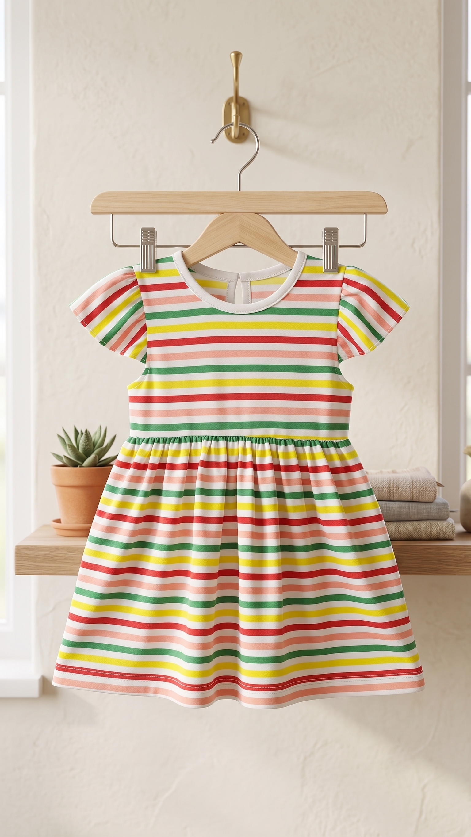 Girls Multicolor Striped Flutter Sleeve A-Line Cotton Frock Dress — White / Multicolor | Yokidz