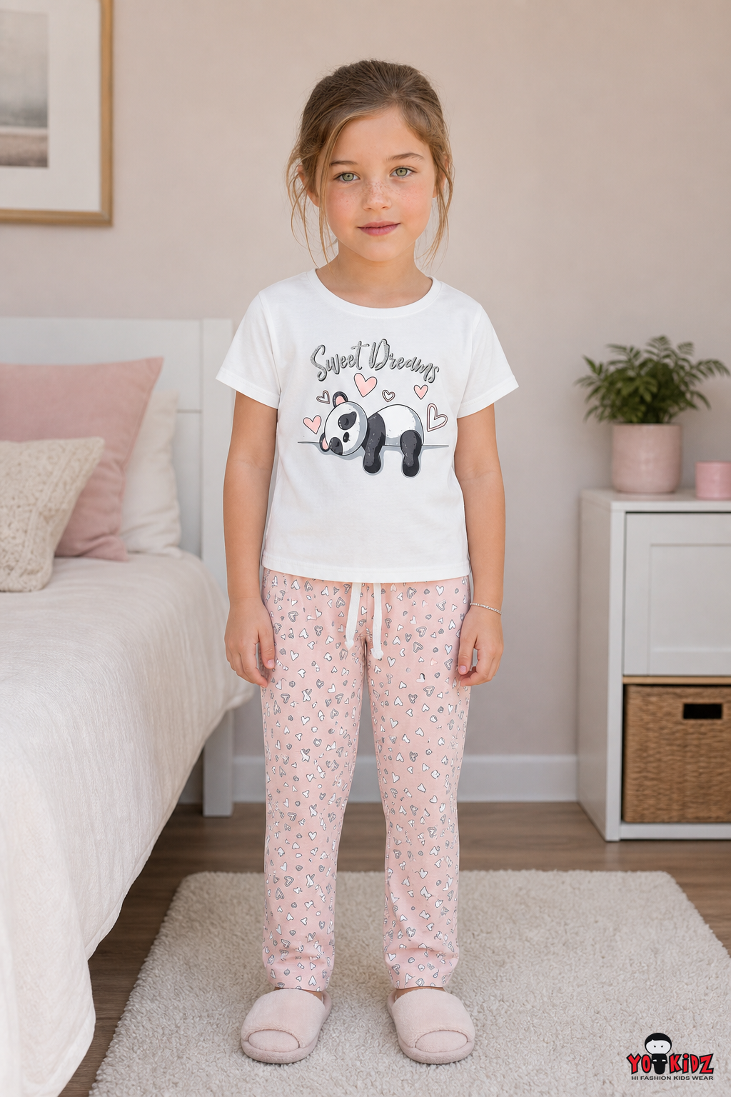 Girls Sweet Dreams Panda Graphic T-Shirt and Heart Print 2-Piece Cotton Pyjama Set — White / Light Pink | Yokidz