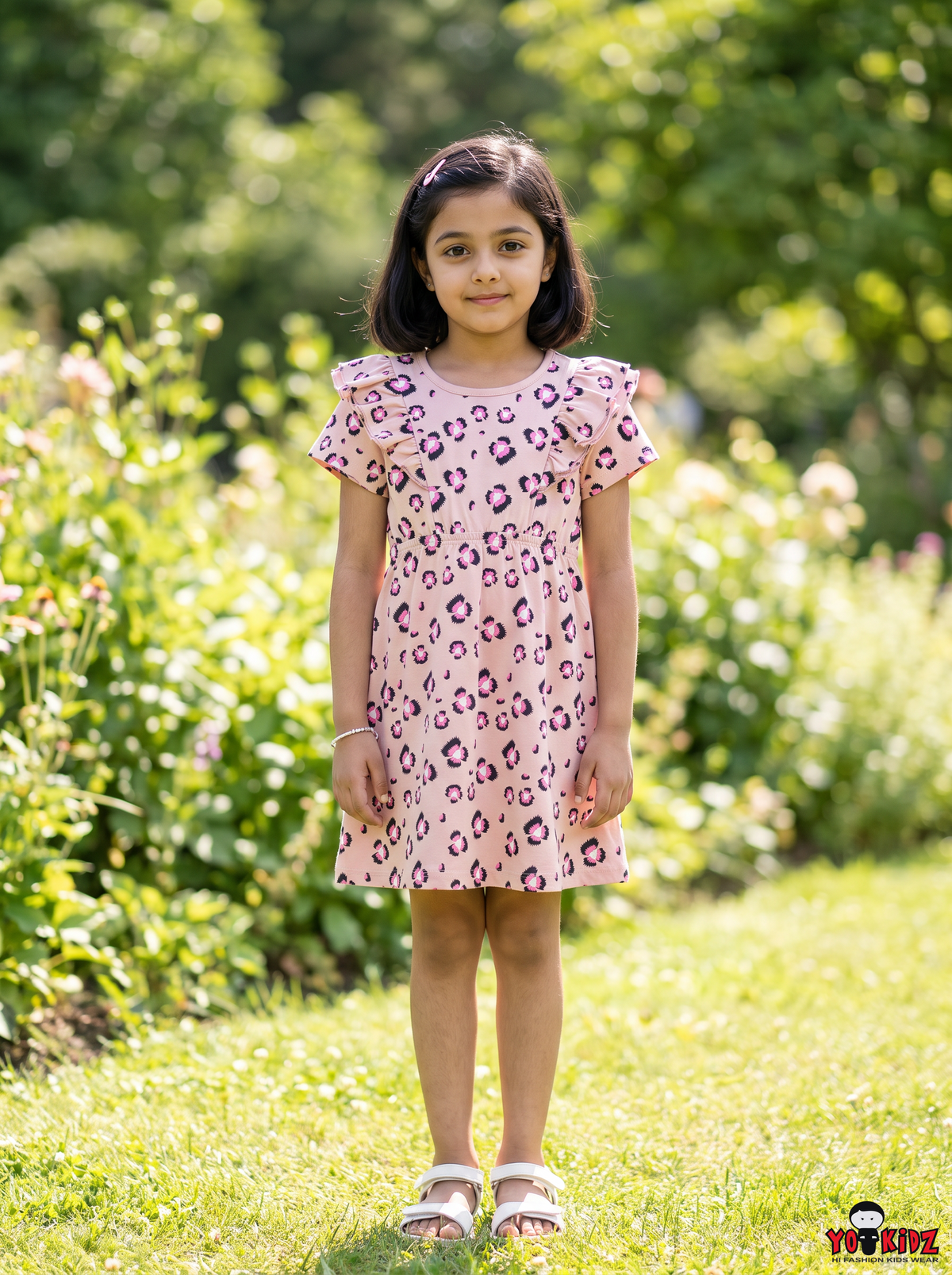 Girls Flower Print Ruffle Sleeve A-Line Cotton Frock Dress — Peach Pink | Yokidz