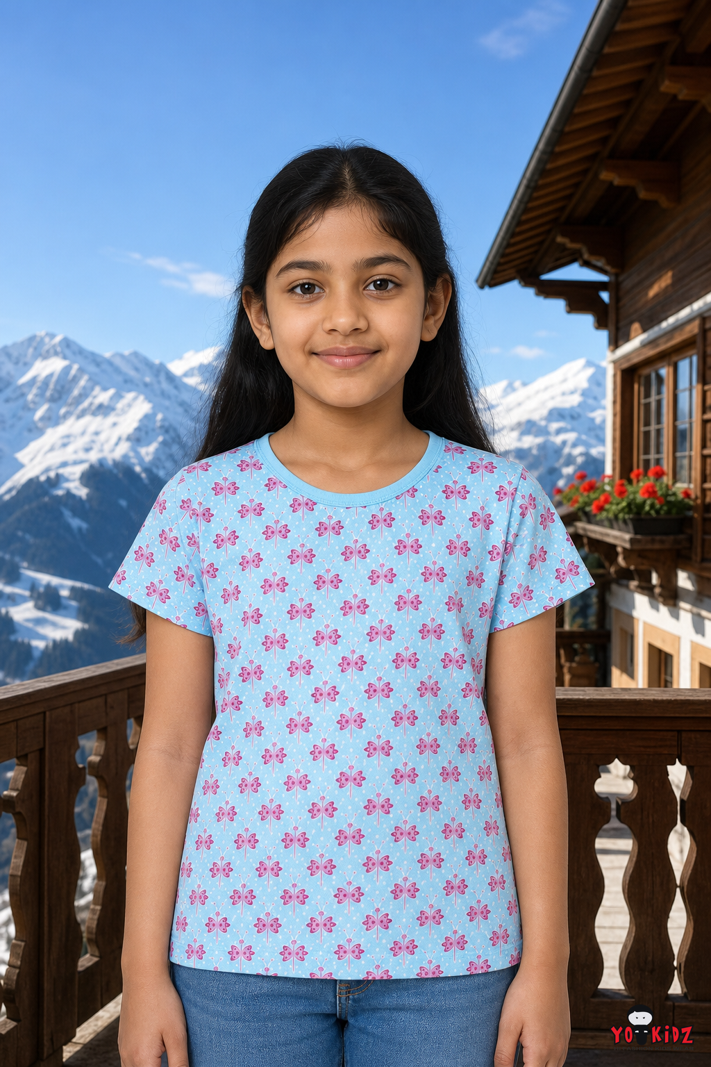 Girls Mini Floral Butterfly Motif All Over Print Round Neck Cotton T-Shirt — Sky Blue / Pink | Yokidz