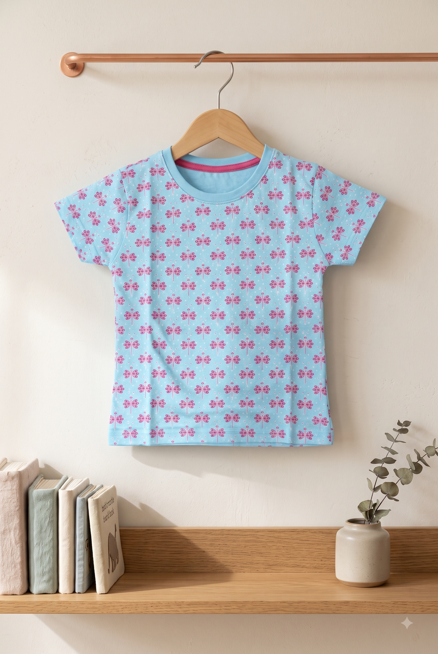 Girls Mini Floral Butterfly Motif All Over Print Round Neck Cotton T-Shirt — Sky Blue / Pink | Yokidz