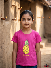 Girls Summer Vibes Pineapple Graphic Print Round Neck Cotton T-Shirt — Magenta Pink | Yokidz