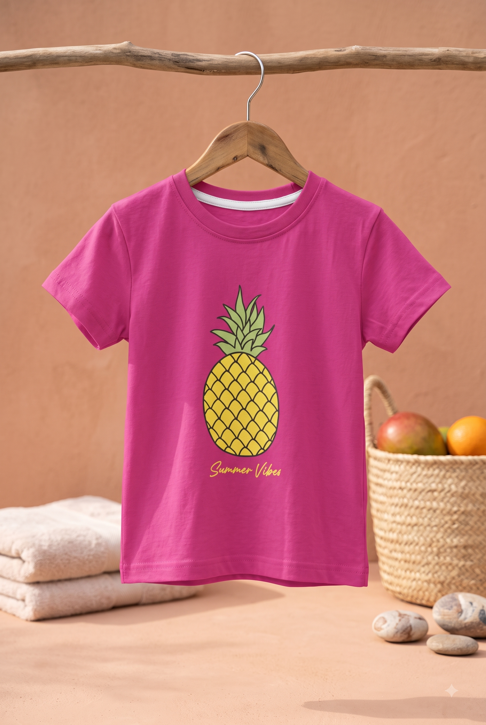 Girls Summer Vibes Pineapple Graphic Print Round Neck Cotton T-Shirt — Magenta Pink | Yokidz