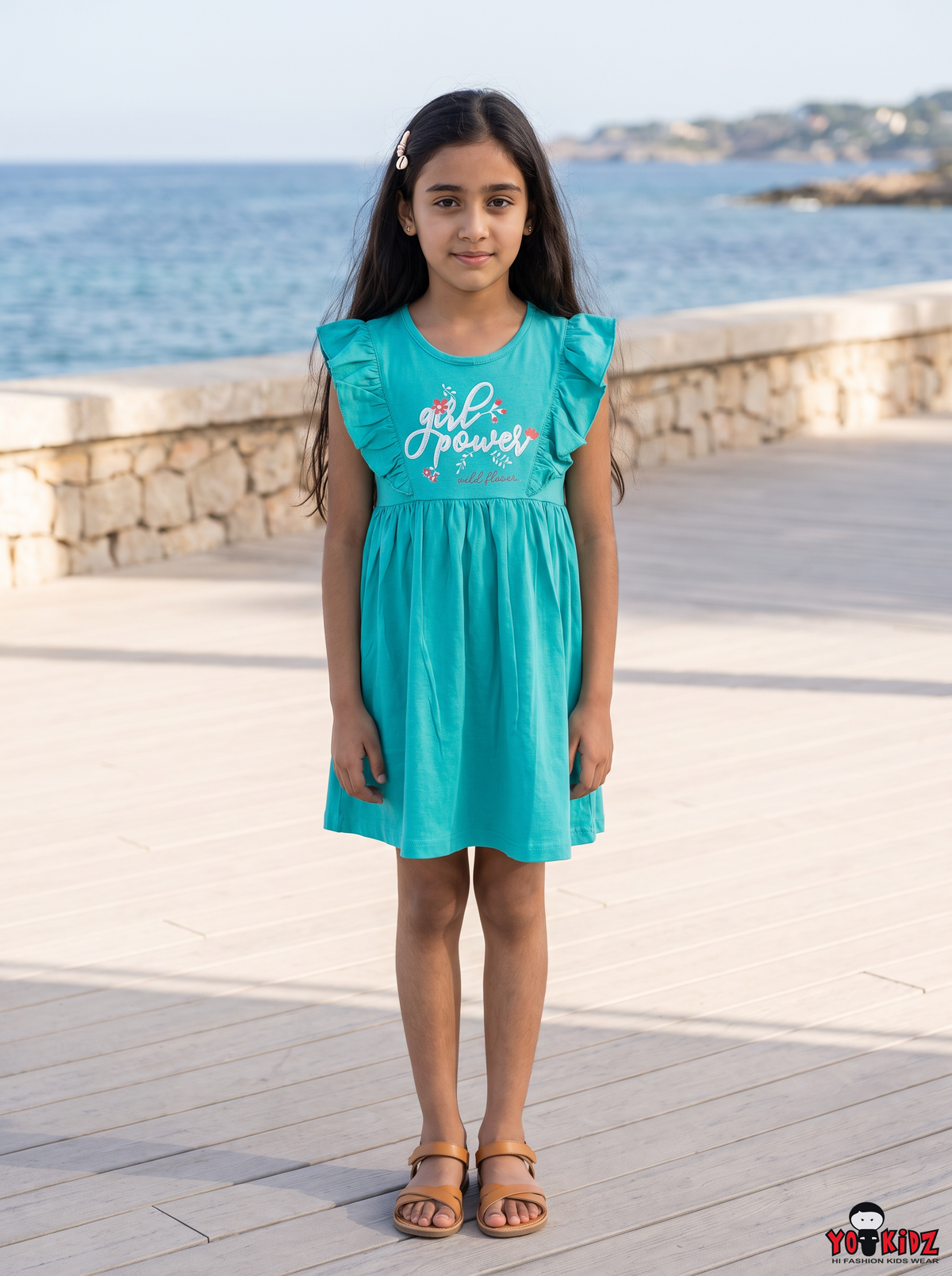 Girls Girl Power Chest Graphic Print Ruffle Sleeve A-Line Cotton Frock Dress — Teal Blue | Yokidz