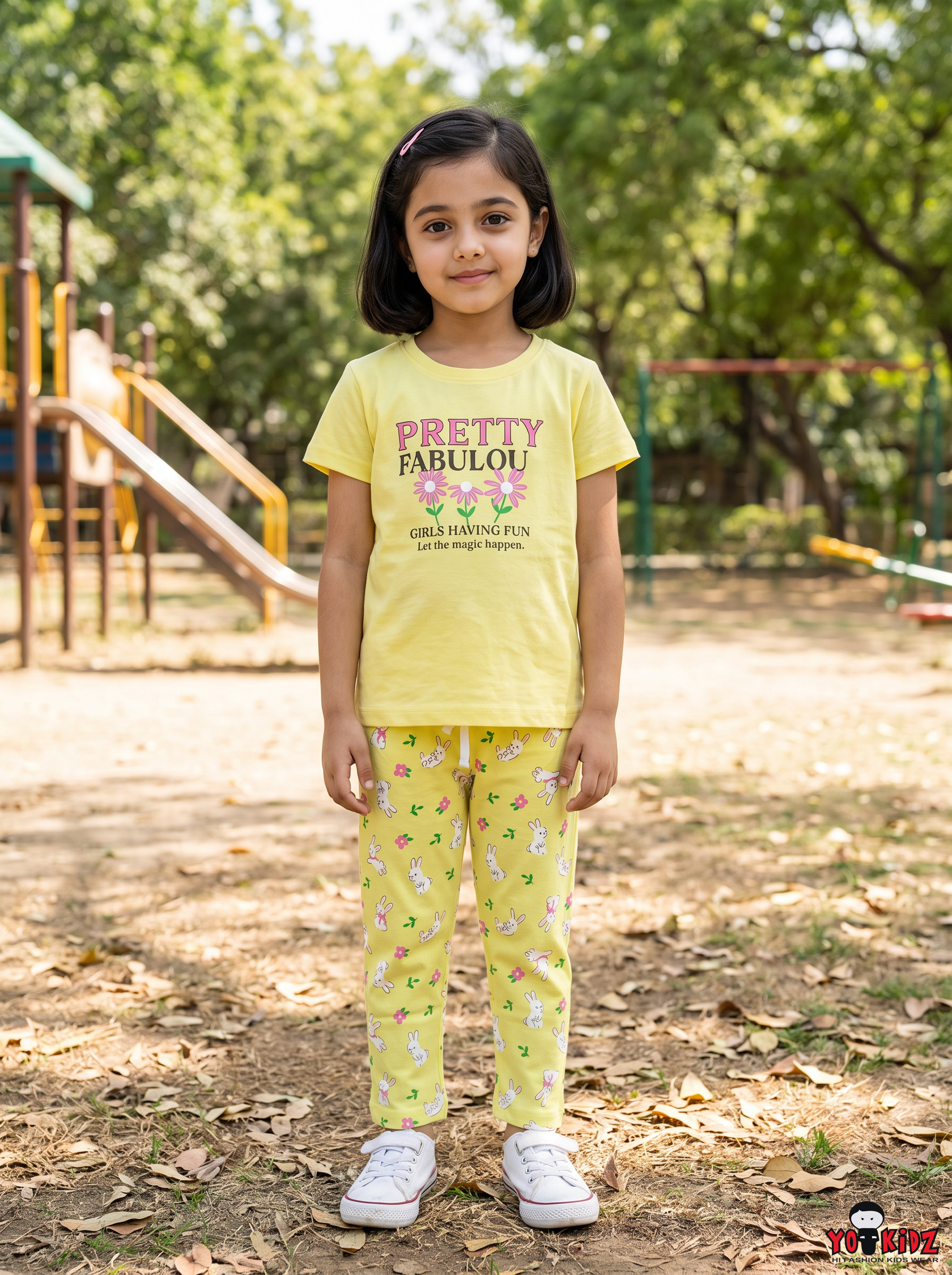 Girls Pretty Fabulous Graphic T-Shirt and Bunny Print 2-Piece Cotton Pyjama Set — Yellow | Yokidz
