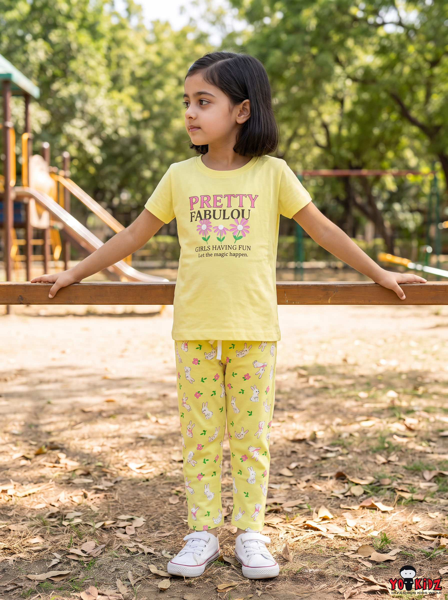 Girls Pretty Fabulous Graphic T-Shirt and Bunny Print 2-Piece Cotton Pyjama Set — Yellow | Yokidz
