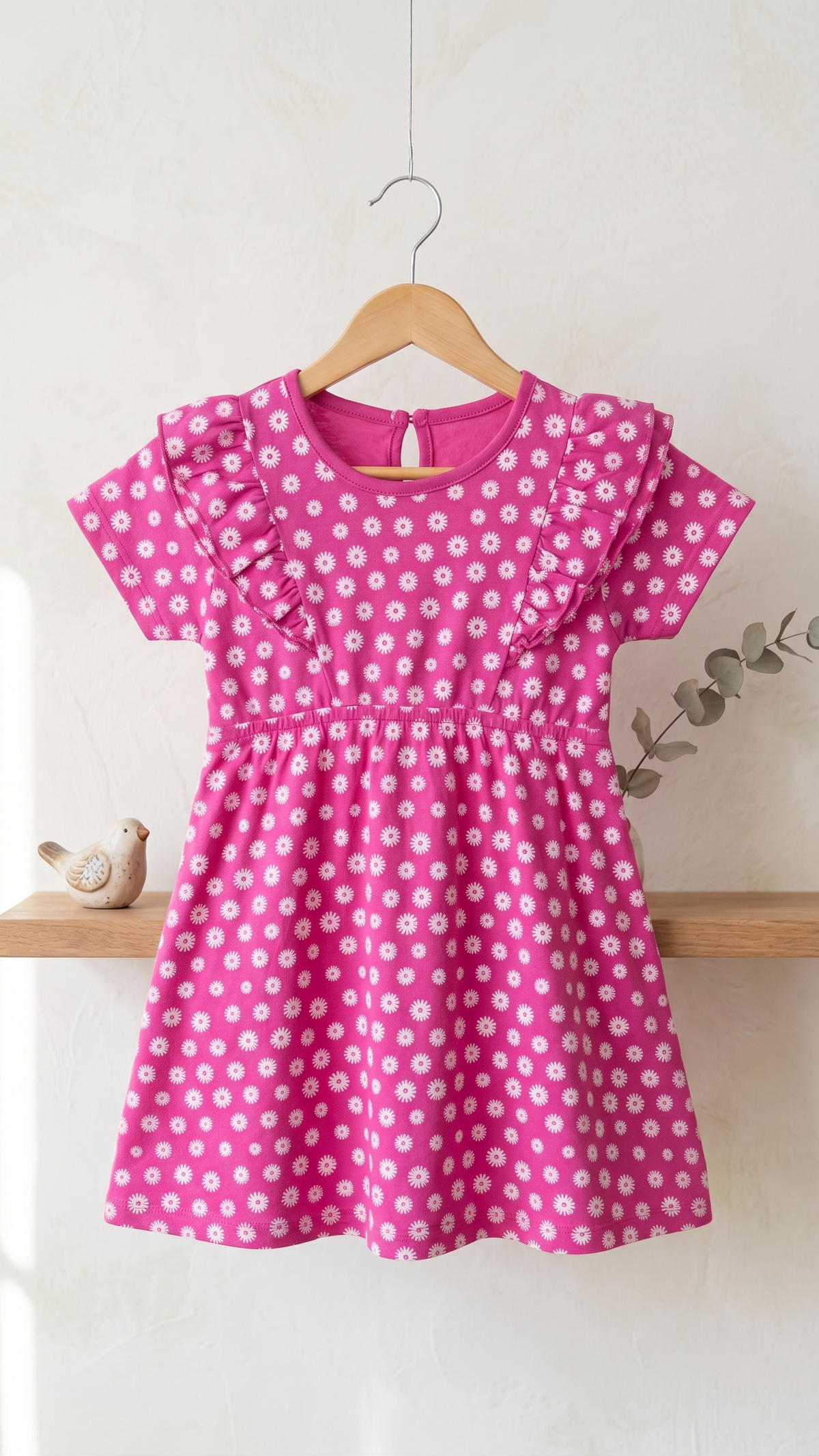 Girls Daisy Floral All Over Print Ruffle Sleeve A-Line Cotton Frock Dress — Magenta Pink | Yokidz