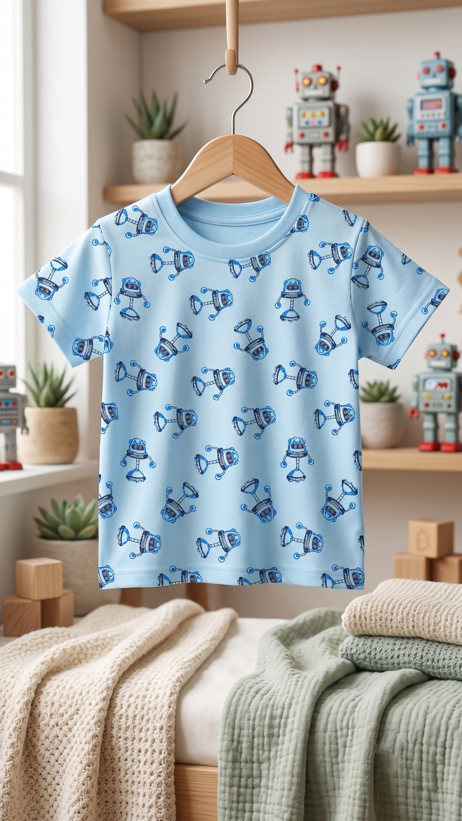 Girls Cute Robot All Over Print 2-Piece Cotton T-Shirt and Shorts Set — Sky Blue | Yokidz