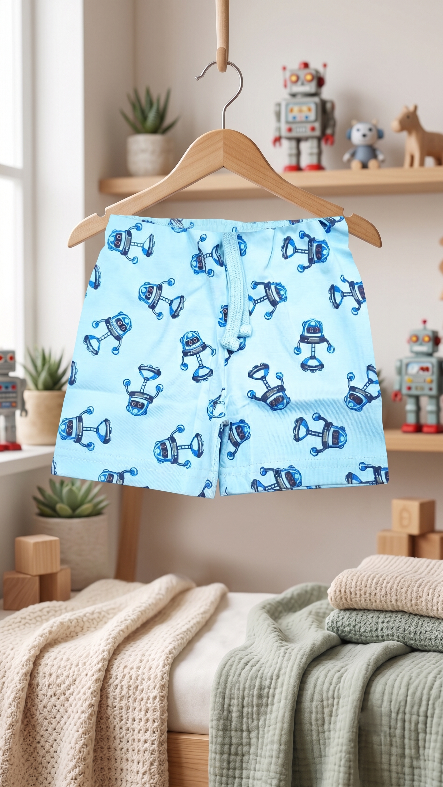 Girls Cute Robot All Over Print 2-Piece Cotton T-Shirt and Shorts Set — Sky Blue | Yokidz
