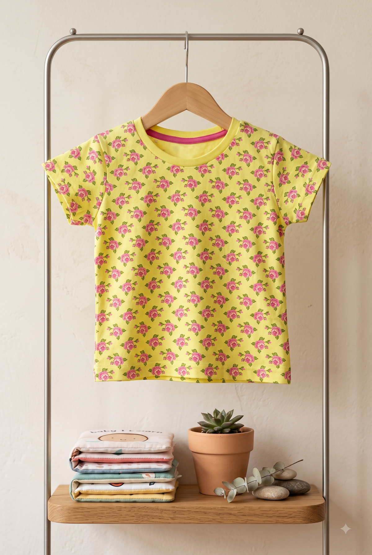Girls Vintage Floral Rose All Over Print Round Neck Cotton T-Shirt — Bright Yellow / Pink | Yokidz