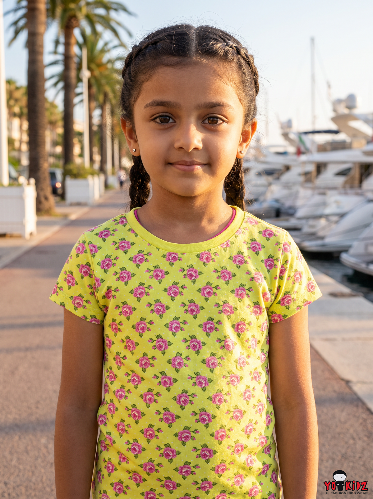 Girls Vintage Floral Rose All Over Print Round Neck Cotton T-Shirt — Bright Yellow / Pink | Yokidz
