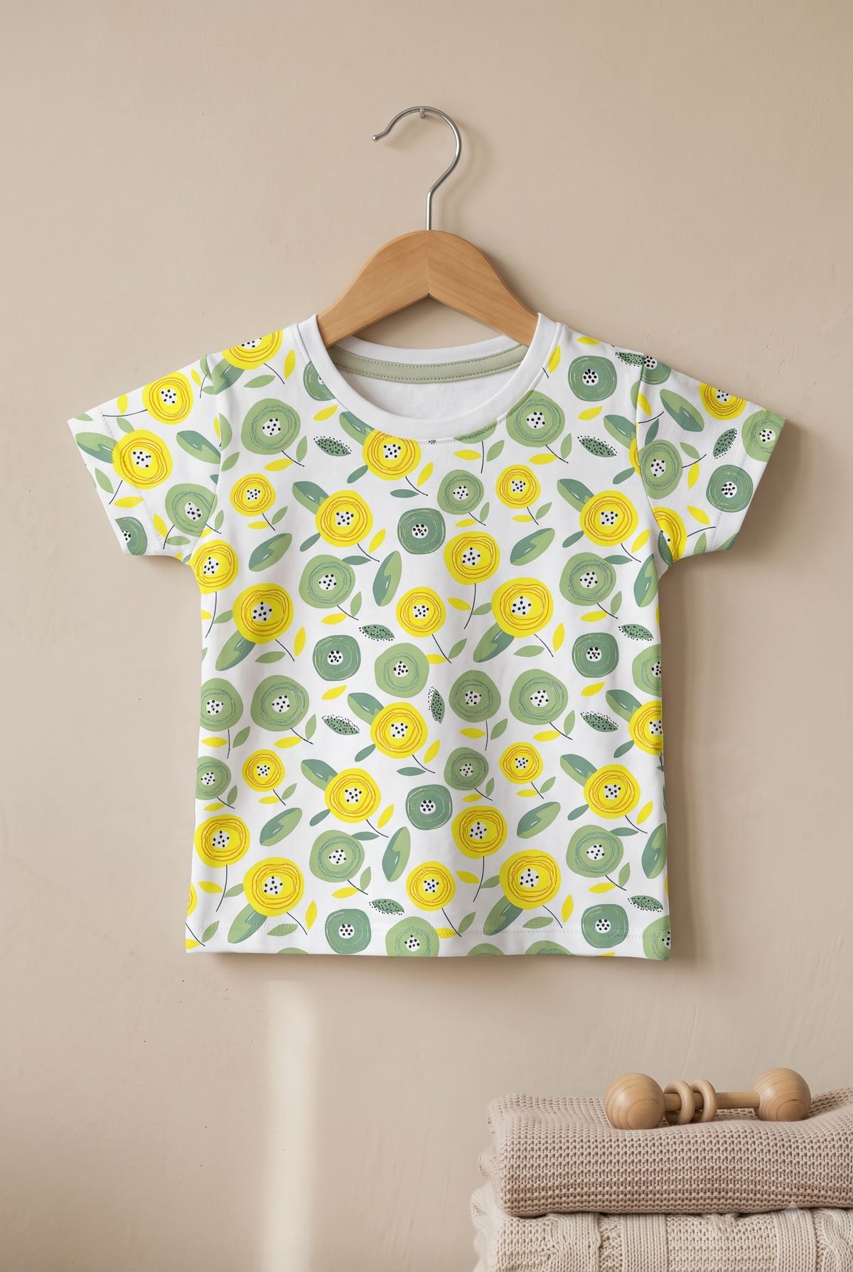 Girls Yellow Floral Blossom All Over Print 2-Piece Cotton T-Shirt and Shorts Set — Yellow / Olive Green / White | Yokidz