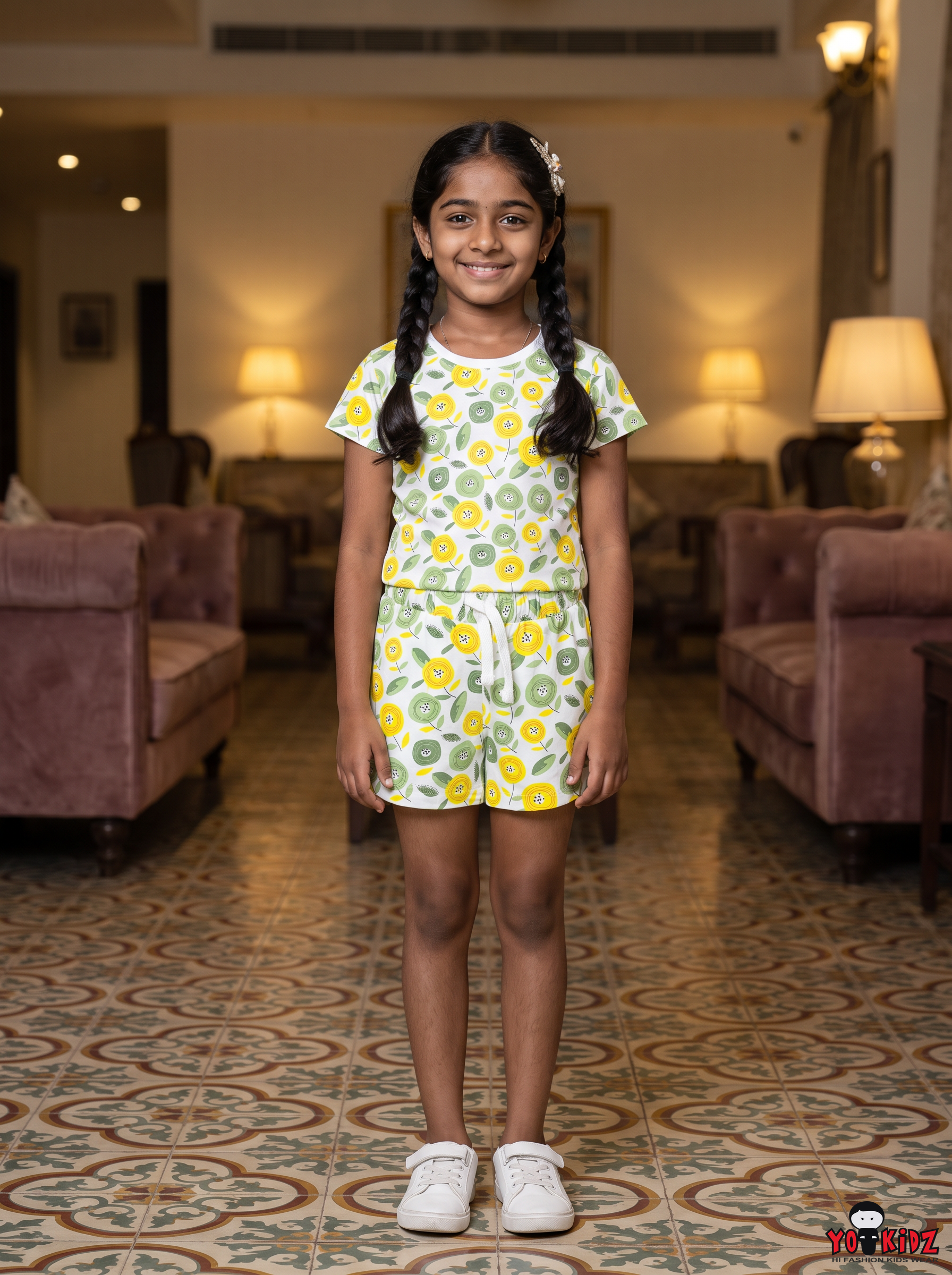Girls Yellow Floral Blossom All Over Print 2-Piece Cotton T-Shirt and Shorts Set — Yellow / Olive Green / White | Yokidz