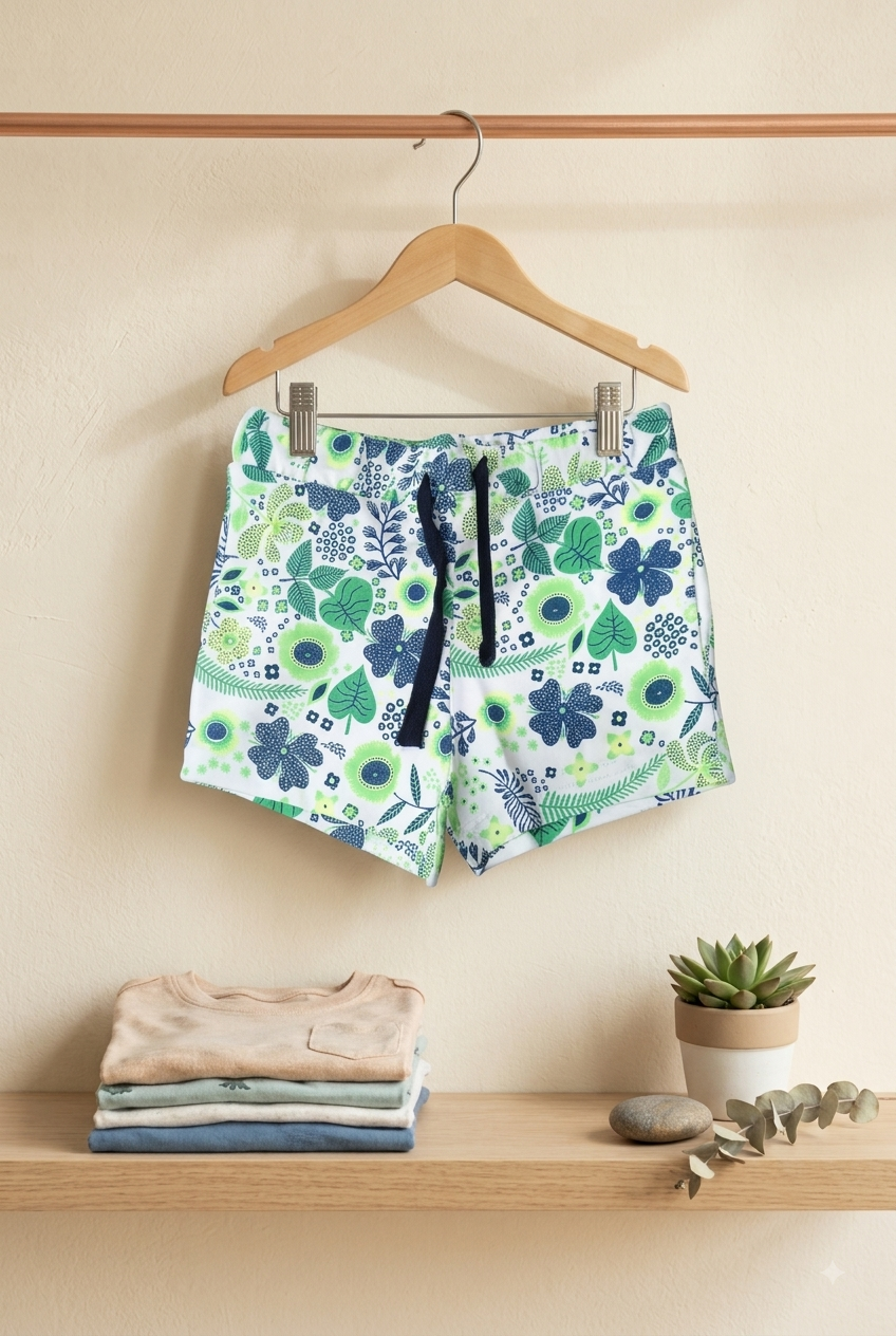 Girls Botanical Floral & Leaf All Over Print 2-Piece Cotton T-Shirt and Shorts Set — Green / Navy / White | Yokidz