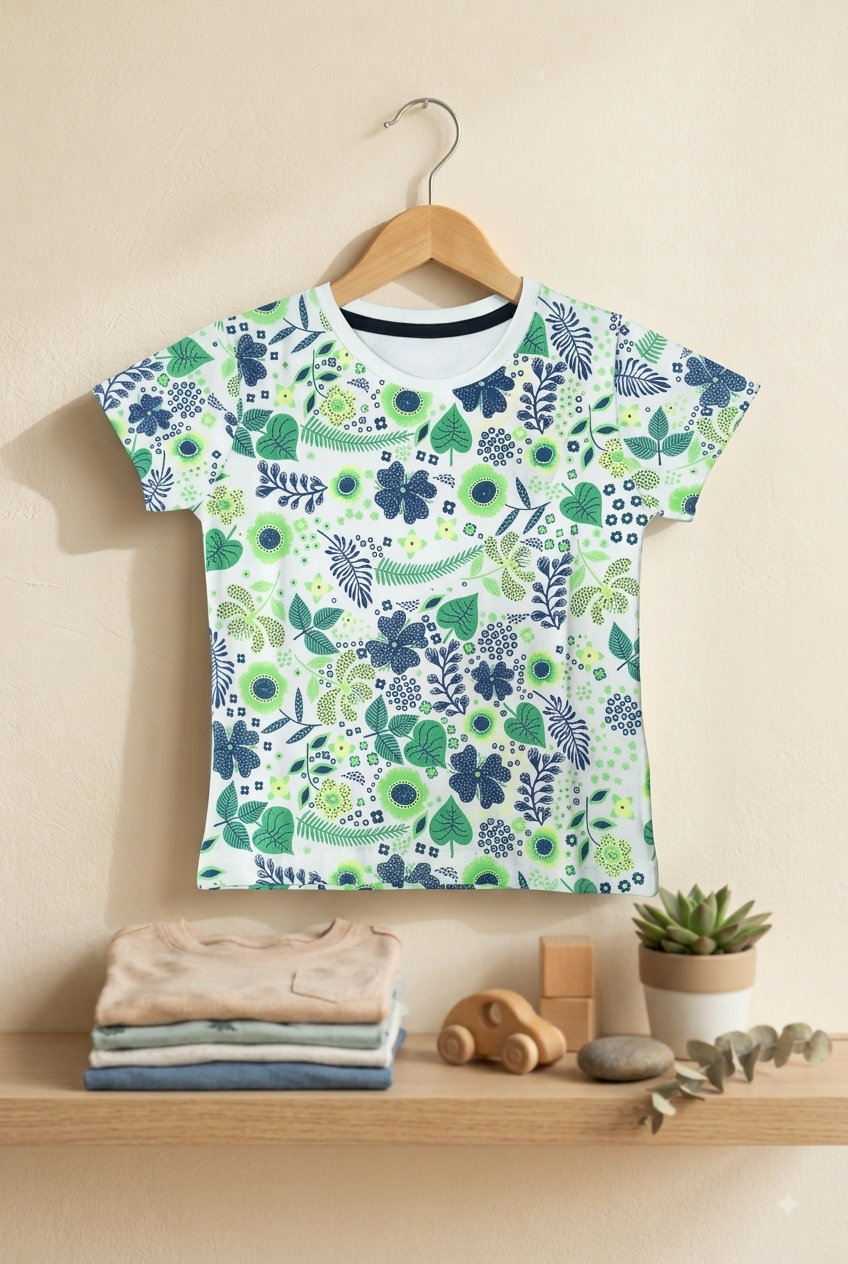 Girls Botanical Floral & Leaf All Over Print 2-Piece Cotton T-Shirt and Shorts Set — Green / Navy / White | Yokidz