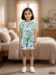 Girls Botanical Floral & Leaf All Over Print 2-Piece Cotton T-Shirt and Shorts Set — Green / Navy / White | Yokidz