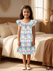 Girls Colorful Cat Faces All Over Print Ruffle Sleeve A-Line Cotton Frock Dress — Multicolor / Light Blue | Yokidz