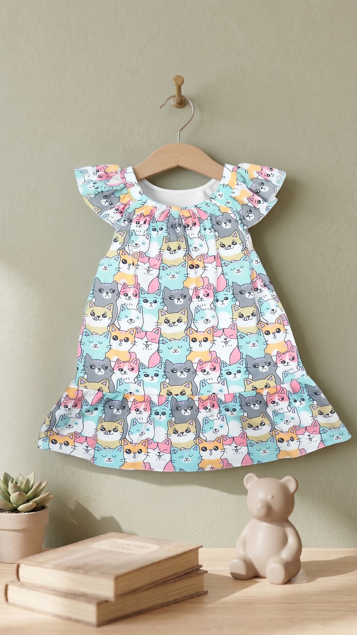 Girls Colorful Cat Faces All Over Print Ruffle Sleeve A-Line Cotton Frock Dress — Multicolor / Light Blue | Yokidz