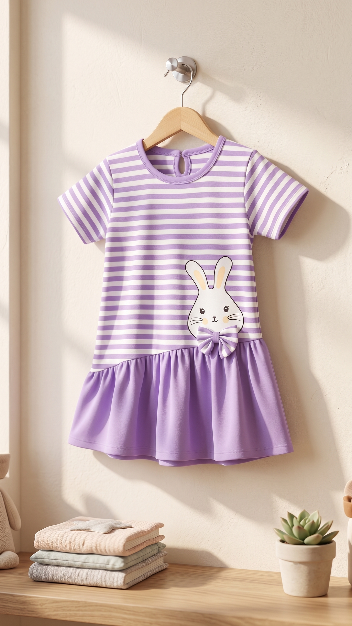 Girls Striped Cute Bunny Graphic Asymmetric Drop Waist Cotton Frock Dress — Lavender / White | Yokidz