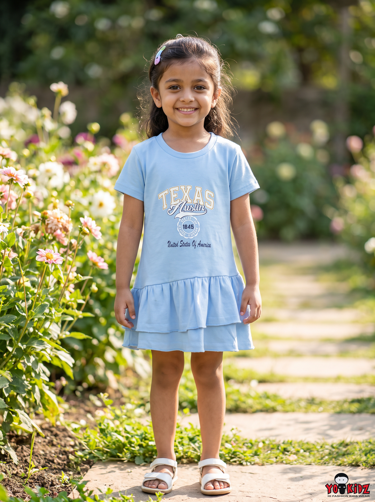 Girls Texas Austin Graphic Chest Print Tiered Hem Cotton Frock Dress — Sky Blue | Yokidz