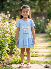 Girls Texas Austin Graphic Chest Print Tiered Hem Cotton Frock Dress — Sky Blue | Yokidz