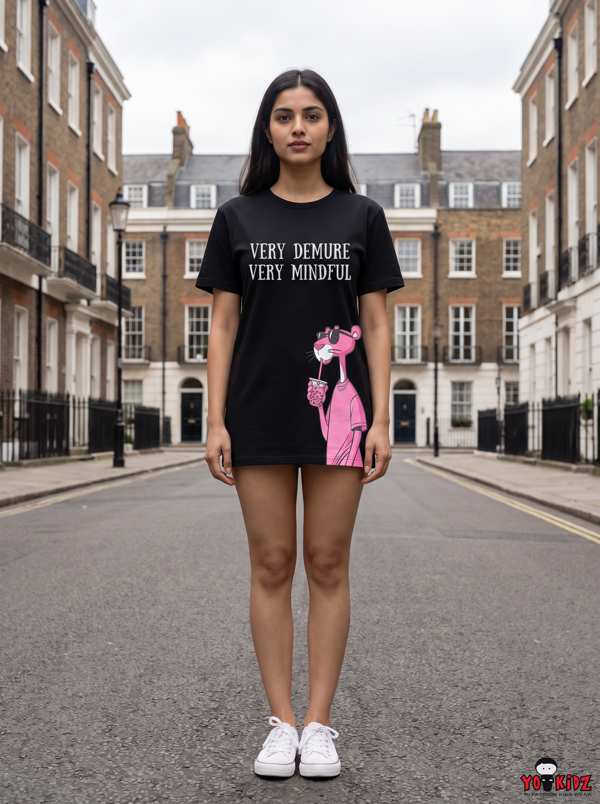 Women Very Demure Very Mindful Pink Panther Graphic Longline Cotton T-Shirt Dress — Black | Yokidz