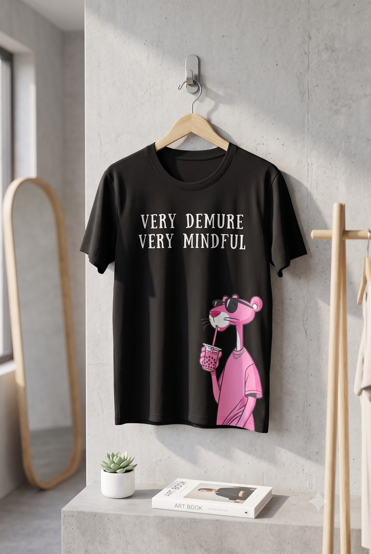 Women Very Demure Very Mindful Pink Panther Graphic Longline Cotton T-Shirt Dress — Black | Yokidz