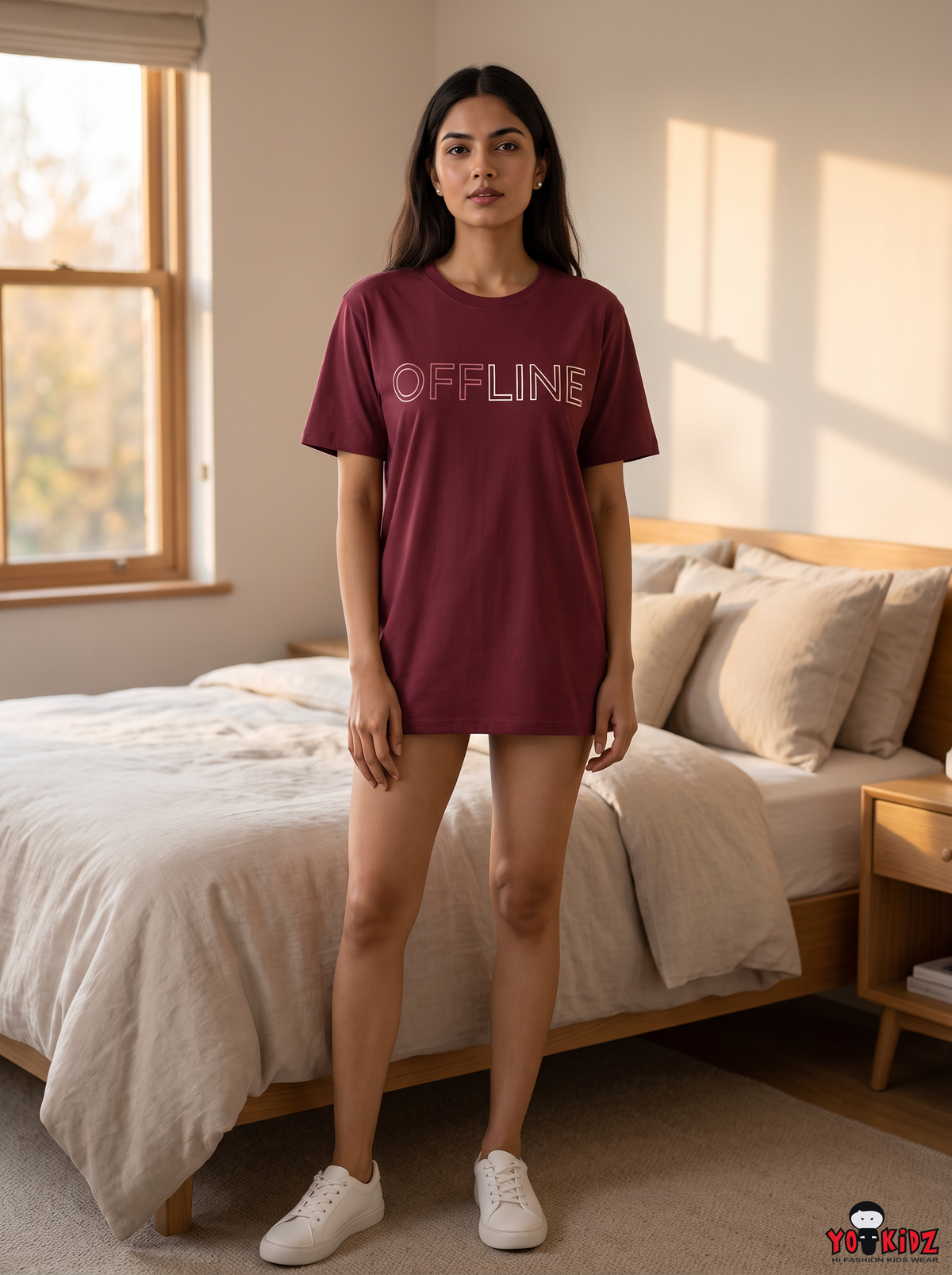 Women OFFLINE Typography Chest Print Longline Cotton T-Shirt Dress — Maroon / Wine | Yokidz