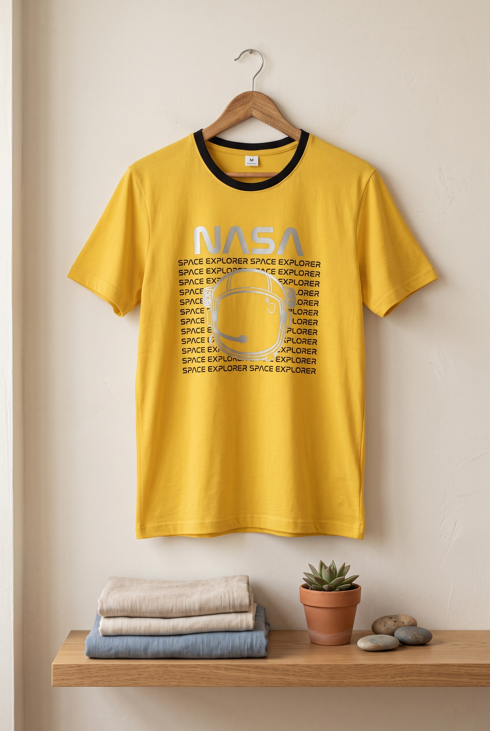 Men NASA Space Explorer Astronaut Helmet Graphic Print Contrast Neck Cotton T-Shirt — Yellow / Black | Yokidz