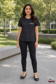 Women Less Materialism More Minimalism Typography Chest Print Round Neck Cotton T-Shirt — Black | Yokidz