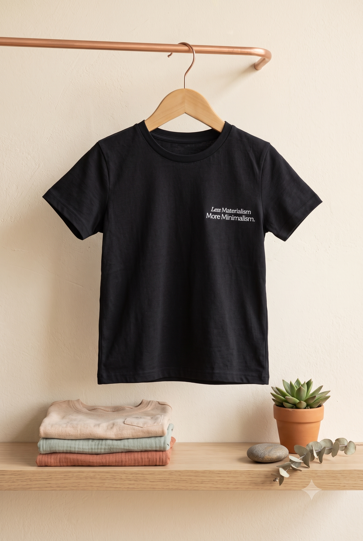 Women Less Materialism More Minimalism Typography Chest Print Round Neck Cotton T-Shirt — Black | Yokidz