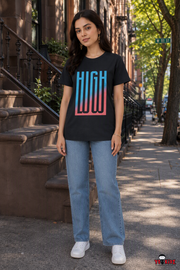 Women HIGH Gradient Typography Graphic Print Round Neck Cotton T-Shirt — Black | Yokidz