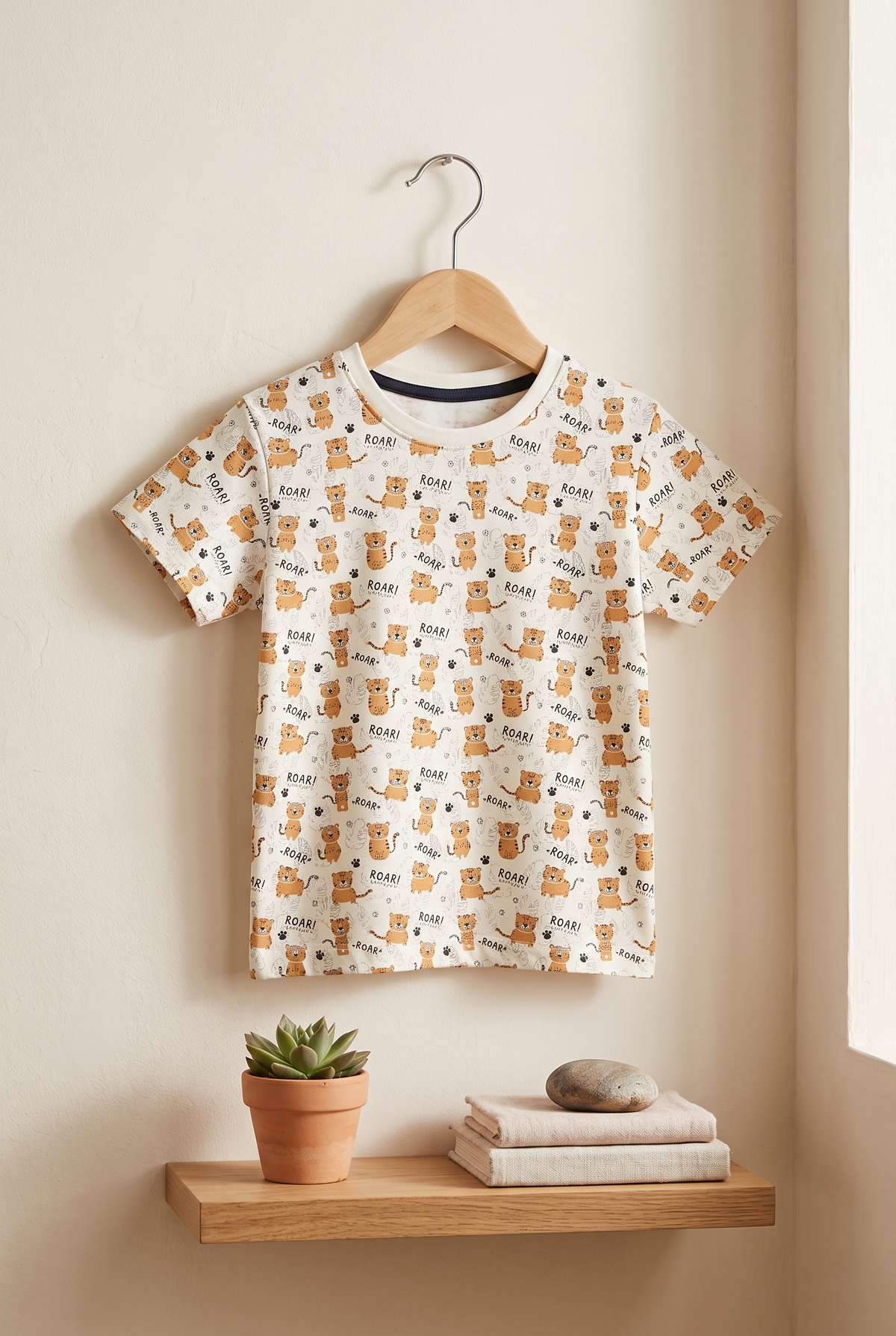 Boys Roar Cute Tiger All Over Print Round Neck Cotton T-Shirt — Off-White / Mustard Yellow | Yokidz