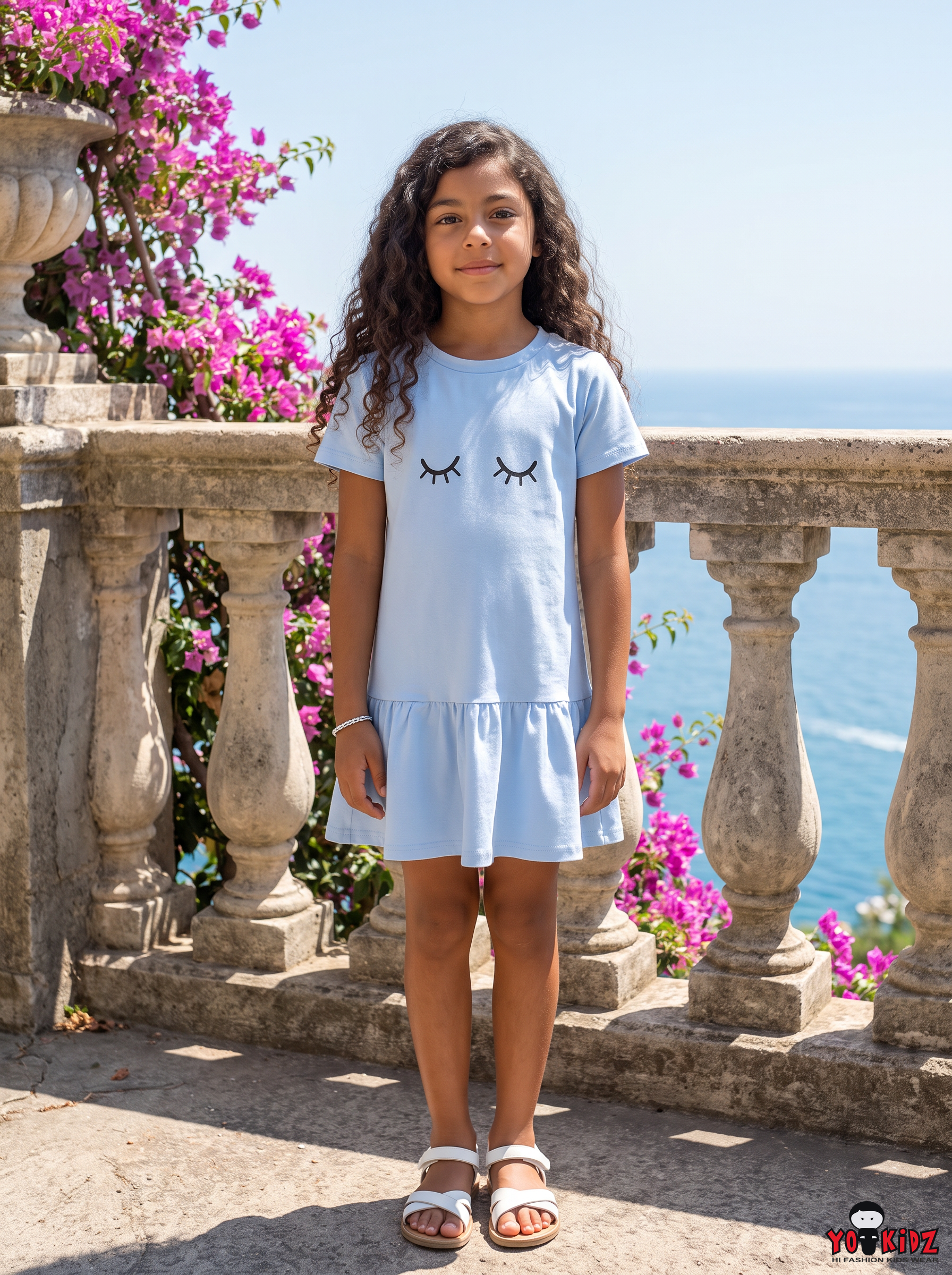Girls Eyelashes Graphic Chest Print Drop Waist Cotton Frock Dress — Sky Blue | Yokidz
