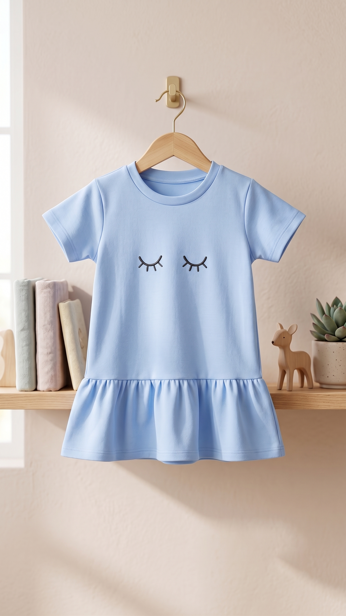 Girls Eyelashes Graphic Chest Print Drop Waist Cotton Frock Dress — Sky Blue | Yokidz