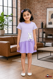 Girls Striped Cute Bunny Graphic Asymmetric Drop Waist Cotton Frock Dress — Lavender / White | Yokidz
