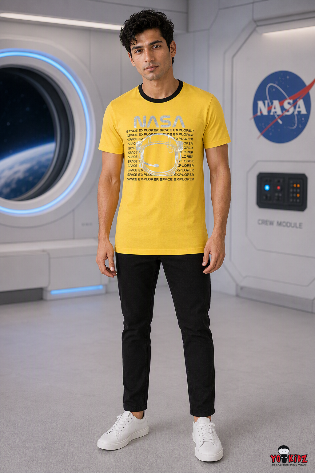 Men NASA Space Explorer Astronaut Helmet Graphic Print Contrast Neck Cotton T-Shirt — Yellow / Black | Yokidz